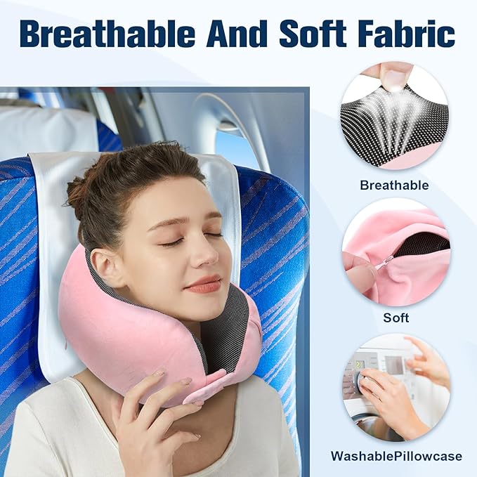 Cirorld Neck Pillow for Traveling, Travel Pillows for Airplanes,100% Pure Memory Foam Travel Neck Pillow, Adjustable Flight Pillow, Portable Plane Accessories with Eye Mask, Earplugs, Carry Bag