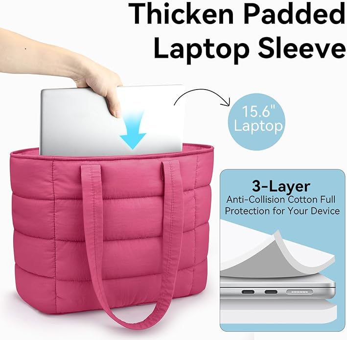 Puffer Tote Bag with Pouch,Women's Lightweight Quilted Shoulder Bag,15.6"/17.3" Laptop Travel Weekender for Work & Nurses