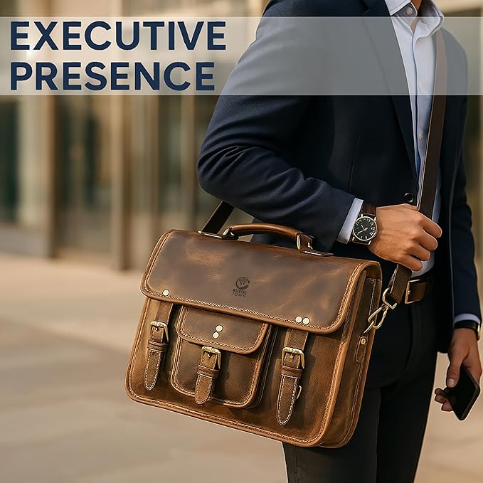 RUSTIC TOWN Leather Messenger Bag for Men - Full Grain Leather Briefcase Laptop Satchel Office Crossbody Travel Bag