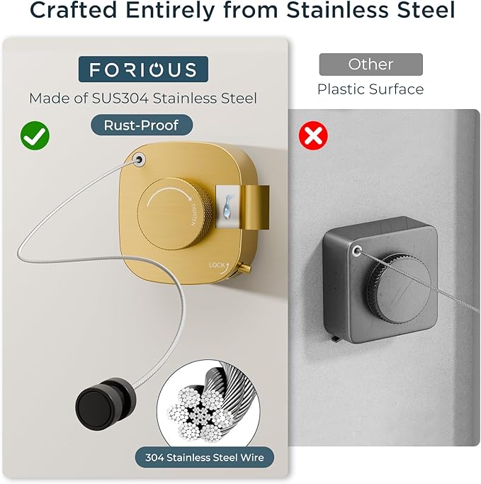 FORIOUS Retractable Clothesline Indoor, 13.8 Ft Non-Sagging Outdoor Clothes Line, Rustproof All Stainless Steel Heavy Duty Clothes Drying Laundry Line, Screw Wall Mounted for Bathroom, Brushed Gold