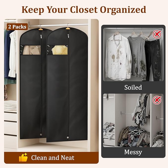 KIMBORA 65" Dress Bags for Gowns Long Garment Bags for Hanging Clothes with Clear Window, Foldable Wedding Dress Cover for Closet Storage and Travel (2 Packs, Black)