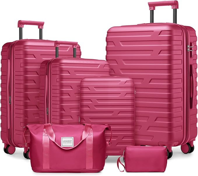 6 Piece Luggage Sets with Bags, Lightweight Expandable Checked Luggage Sets, Hardshell ABS Spinner Wheels Carry on Suitcase with TSA Lock, for Travel, Women Men (Rose Red, 18/20/24/28inch+2bags)