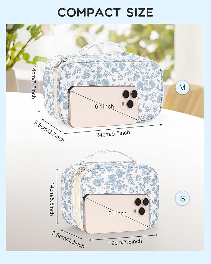 Relavel Travel Makeup Bag, Mini Floral Cosmetic Bag with 2 Makeup Brush Holders, Portable Makeup Pouch for Women, Cute Toiletry Bag with Double Layer Organizer, Blue Flower-Smaller