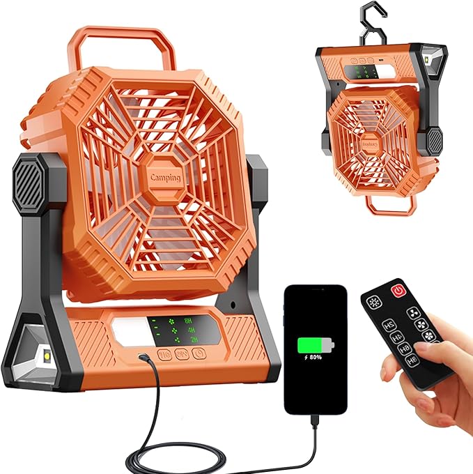 VVU&CCO Table Fan Portable Fan for Camping with LED Lantern,10000mAh Rechargeable Battery,30H Runtime,USB-C Fast Charging,3 Speeds Strong Airflow,Cordless for Travel Barbecue Home Office Tent Desk