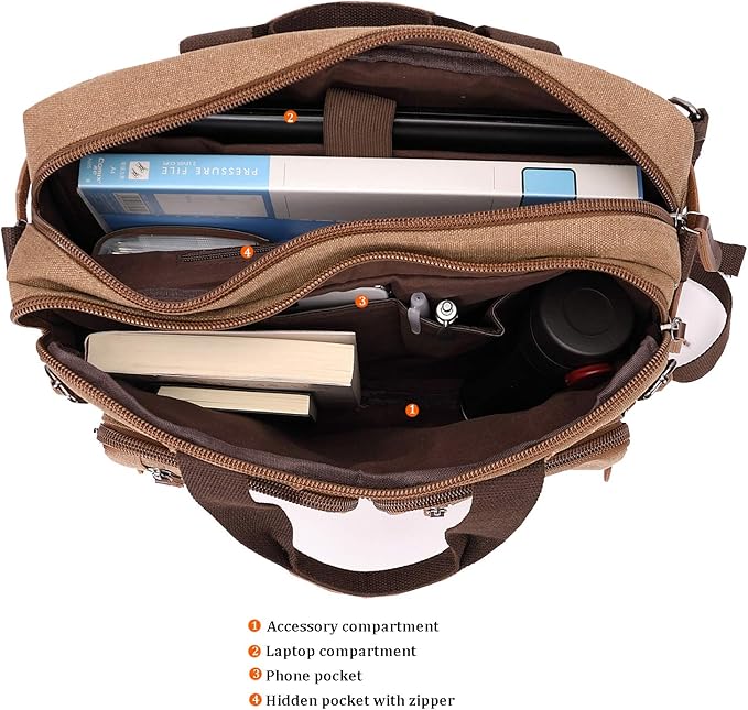 CROCOD 3 In 1 Canvas Convertible Laptop Bag for Men Women, 17.3 inch Laptop Messenger Bag Work Briefcase, Computer Shoulder Bag for Travel Business Office (17.3 Inch, Coffee) | 3 In 1, Multi-pocket