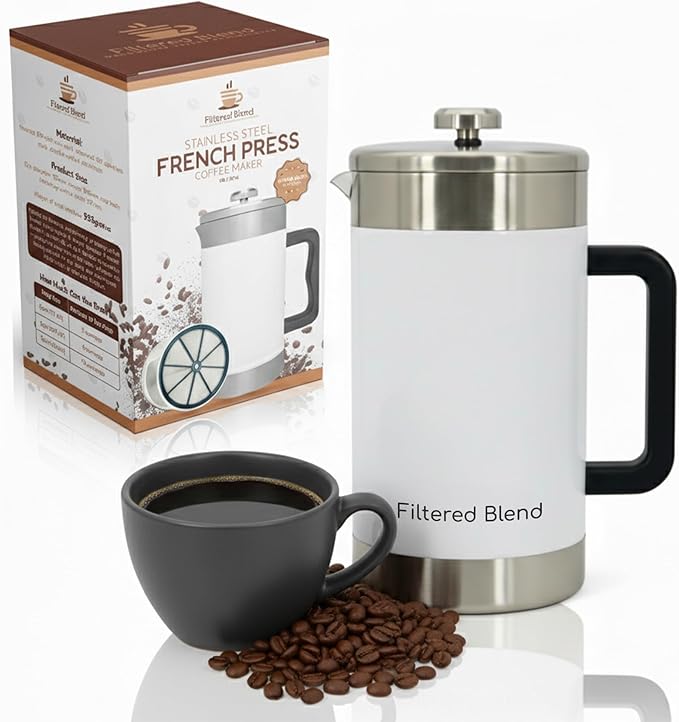 1.6L French Press Coffee Maker, 54oz Large Capacity French Press Stainless Steel Brewer with Double Filter Mesh for Kitchen Travel Camping, Hot & Cold Brew Coffee Maker Gifts (White)