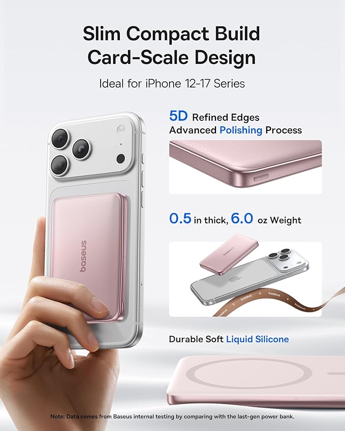Baseus Picogo Power Bank, 0.5" Ultra Slim 10000mAh MagSafe Portable Charger, Upgraded CCC Certified 27W Fast Charging Magnetic Battery Pack, Alloy Wireless Charger for iPhone 17/16/15/14/13/12