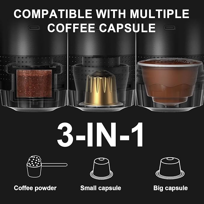 Portable 3-in-1 Espresso Coffee Maker – Self-Heating, Rechargeable USB-C & Smart LED Display, 20-Bar Extraction, Works with Ground Coffee & NS/DG Capsules, Camping (Grey)