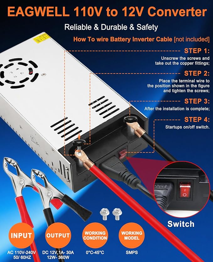 EAGWELL New Version Converter, 110V to 12V Converter DC Power Supply 12V Power Supply DC Switch Transformer for RV, Pump, LED Strip, LCD Monitor