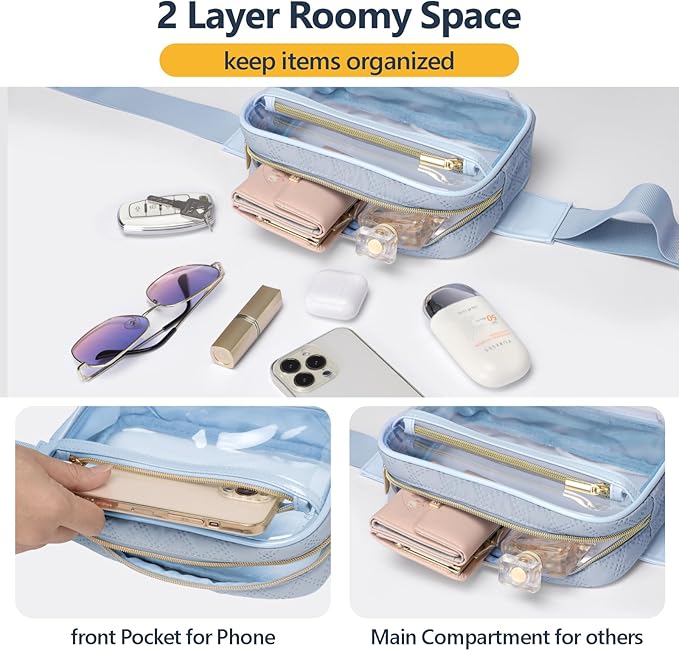 Packism Clear Fanny Pack for Women Stadium Approved - Quilted Clear Belt Bag, Adjustable Strap Fits 35-51 Inches, Transparent Waist Bag for Sports Concerts Festivals, Dusty Blue