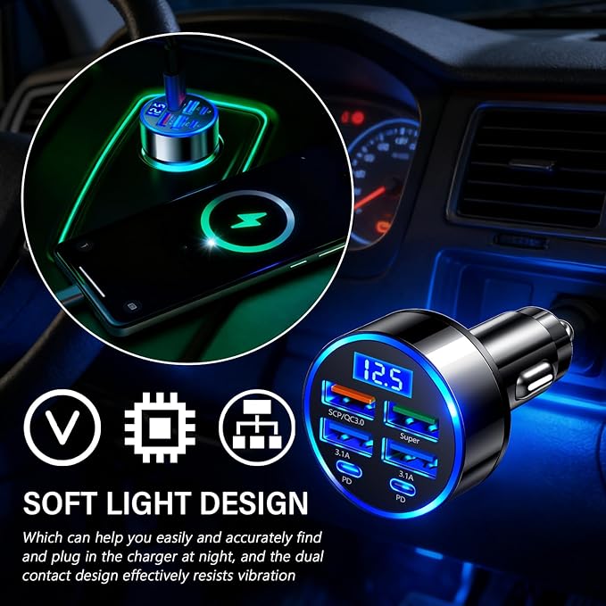6 Ports Car Cigarette Lighter Adapter,Upgraded Car Cigarette Lighter USB Charger with Super/PD/3.1A/QC3.0 as Vehicle Electronics,24V/12V Cars Charger Adapter with LED Voltage Display