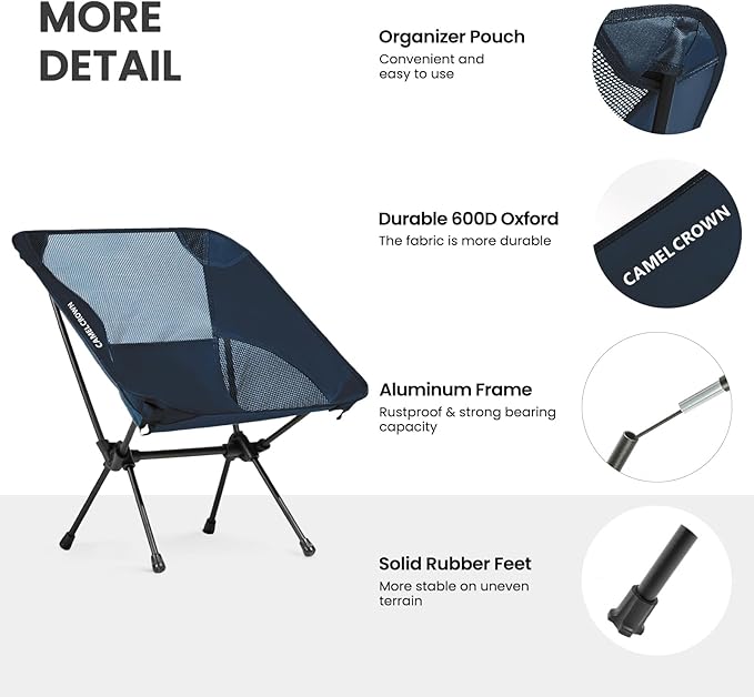 CAMEL CROWN Portable Camping Chair Lightweight Compact Folding Chair Mesh for Outdoor Camp Travel Beach Picnic Festival Hiking Backpacking Navy Blue