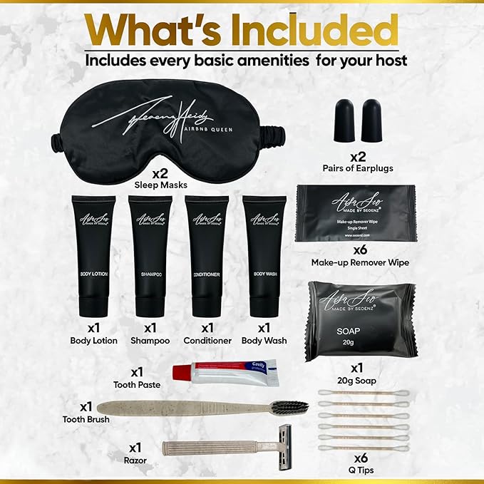 24 Piece Hotel and B&B Toiletry Kit | 1oz Shampoo, Conditioner, Body Wash, Lotion, Bar Soap, Shower Cap, Razor, Toothbrush, Qtips & Makeup Wipes (Kit, 50)