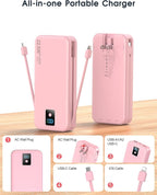 Portable Charger, 20000mAh 22.5W Fast Charging Power Bank with Built-in Cables & Wall Plug, Travel Essentials Battery Pack with LED Display, USB C External Battery Bank for iPhone iPad, Samsung Pink