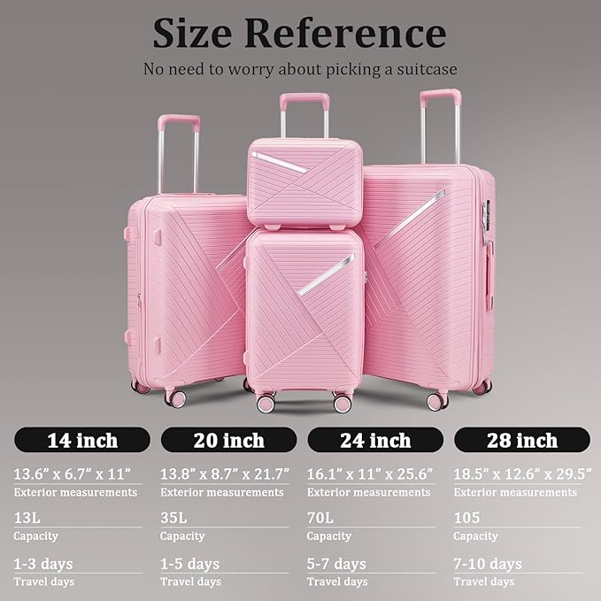4 Piece Luggage Set, Hardside Expandable Lightweight Suitcase with 360° Mute Spinner Wheels Luggage Sets, TSA Lock, 14/20/24/28 Inch Travel Luggage for Men, Women and Girls (Pink)