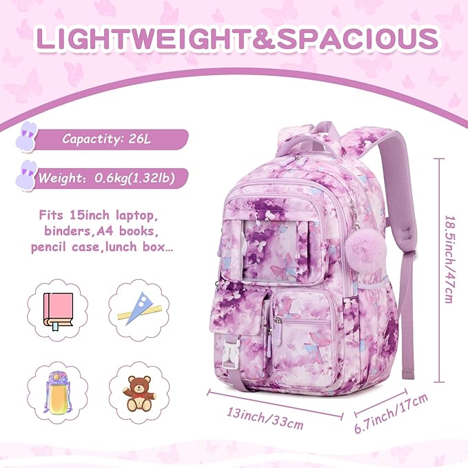 PIG PIG GIRL Kids Backpack for Girls School Bags for Middle School Students Book Bag for Elementary Primary Kawaii Ita Backpack, Purple Butterfly