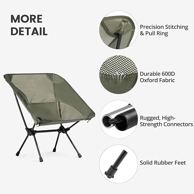 CAMEL CROWN Camping Chair Heavy Duty Backpacking Chair - Ultra-Light Folding Chair with Carry Bag, Portable Compact for Outdoor, Lawn, Hiking, Beach, Picnic
