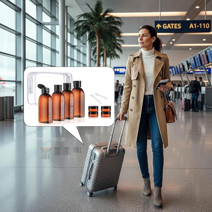Travel Bottles for Toiletries 8 Pack 3.4oz TSA Approved Travel Size Containers Leak Proof Plastic 0.35oz Small Cream Jars Refillable Toiletry Bottles for Shampoo Conditioner Lotion(Brown)