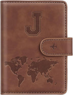 Passport Holder Wallet Cover Personalized Letter A-Z Travel Wallet RFID Blocking Passport Cover Wallet Case for Travel Passport Book Holders for Women and Men, Brown-J