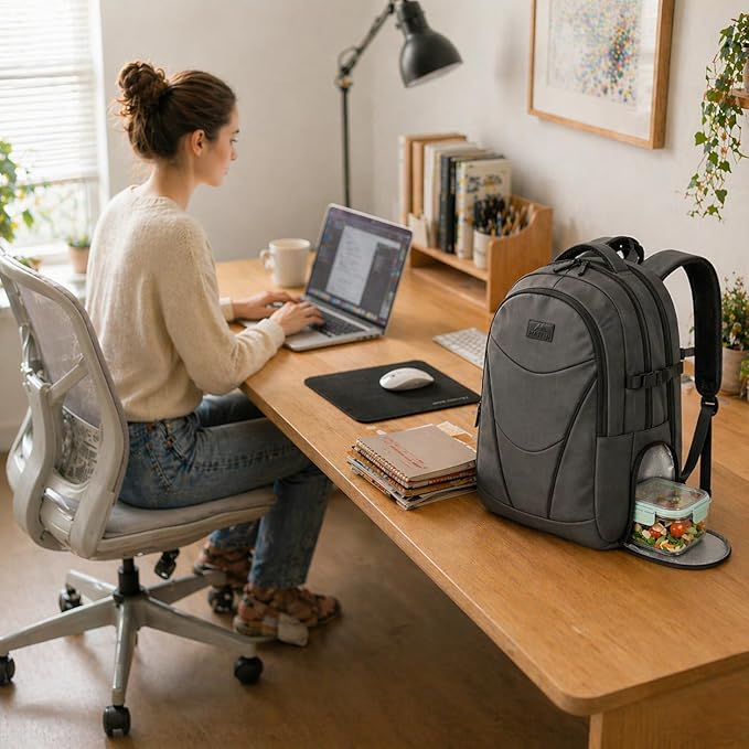 MATEIN HER Computer Backpack for Women Men with Lunch Compartment, Water Resistant Work Laptop Backpack with Water Bottle Holder & RFID Pocket, Underseat Travel Bag Fits 17.3'' Notebook, Gray