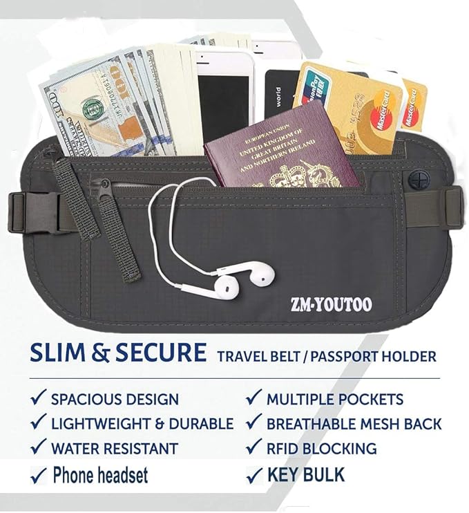 ZM-YOUTOO Money Belt for Travel - Hidden Travel Pouch Protect Your Credit and Money With RFID Blocking Passport Holder Waist Wallet (gray)