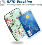 Credit Card Holder, Mini Aluminum Card Wallet RFID Blocking Slim Metal Hard Card Case for Women Men, Green Flowers