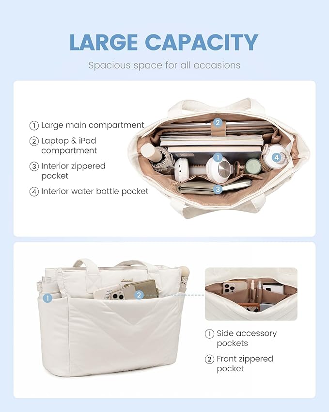 LOVEVOOK Tote Bag for Women, Puffer Work Travel Handbag with Zipper for Teacher Nurse, Quilted Cute Laptop Shoulder Gym Bag