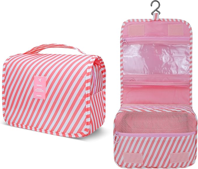 Lcsmaokin Large Capacity Toiletry Bag Travel Bag with Hanging Hook for Men and Women Waterproof Travel Cosmetic Bag Bathroom Storage Bag for Brushes Set, Full-Sized Shampoo,Accessories(Pink Stripe)