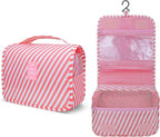 Lcsmaokin Large Capacity Toiletry Bag Travel Bag with Hanging Hook for Men and Women Waterproof Travel Cosmetic Bag Bathroom Storage Bag for Brushes Set, Full-Sized Shampoo,Accessories(Pink Stripe)