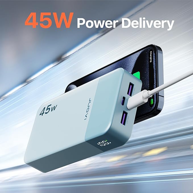 JUOVI J2621 Power Bank Portable Charger 20000mAh 45W, PD3.0 QC 4.0 Fast Charging Battery Pack with LED Display,2 USB-C,2 USB-A for iPhone 15 16, MacBook