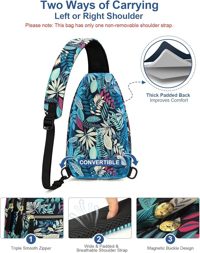 Capolo Sling Bag for Women Men Waterproof Crossbody Bags for Women Trendy Casual Fanny Pack with Convertible Shoulder Strap Chest Bag for Travel Hiking(Blue Leaves, Medium)