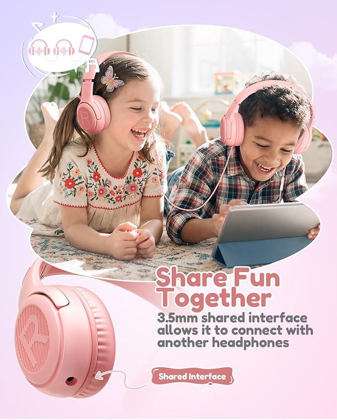 Kids Headphones with Microphone Foldable Stereo Tangle-Free 3.5mm Jack Wired Cord On-Ear Headset for Children/Teens/Boys/Girls/Smartphones/School/Kindle/Airplane Travel/Plane/Tablet (Pink)