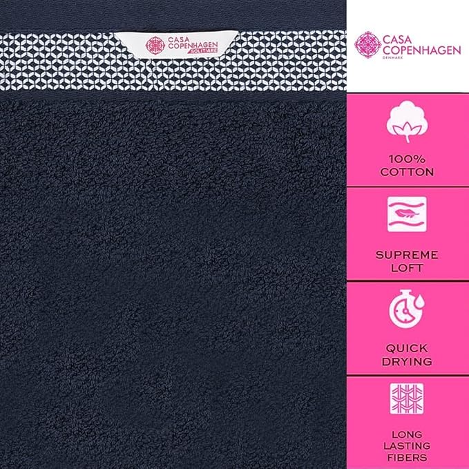CASA COPENHAGEN Solitaire 6Pcs 100% Egyptian Cotton Large Designer Towels Gift Set- Blue, 600GSM, 2Bath 2Hand 2Washcloths, Bath Towels for Bathroom Set for Women & Men