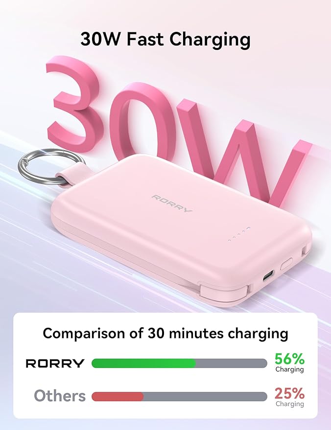 RORRY CharmGo Portable Charger, 10000mAh PD 30W Fast Charging Portable Charger Power Bank with Built-in Cables, Travel Keychain Charger Battery Pack for iPhone 17/16/15, for AirPods 2/3/4/Pro, Blue