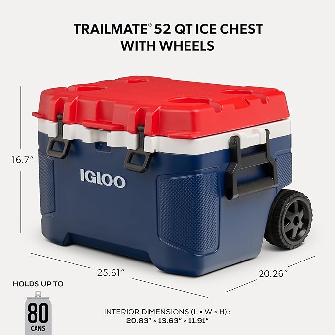 Igloo Trailmate 52Qt Wheeled Cooler, Insulated Hard Shell Ice Chest, Americana