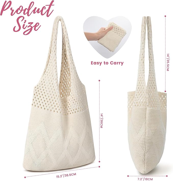Pleneal Crochet Tote Bag, Mesh Beach Bag, Knitted Shoulder Beach Bags for Women Vacation Aesthetic Hobo Tote Bags