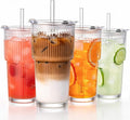 GOSCHE 20oz Glass Tumblers with Straws and Lids, Ribbed Iced Coffee Cups Leak-proof, Dishwasher Safe, Thickened Glass Cups with Lids Ideal for Coffee and Travel, Clear, 4 Pack