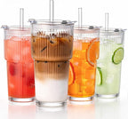 GOSCHE 20oz Glass Tumblers with Straws and Lids, Ribbed Iced Coffee Cups Leak-proof, Dishwasher Safe, Thickened Glass Cups with Lids Ideal for Coffee and Travel, Clear, 4 Pack