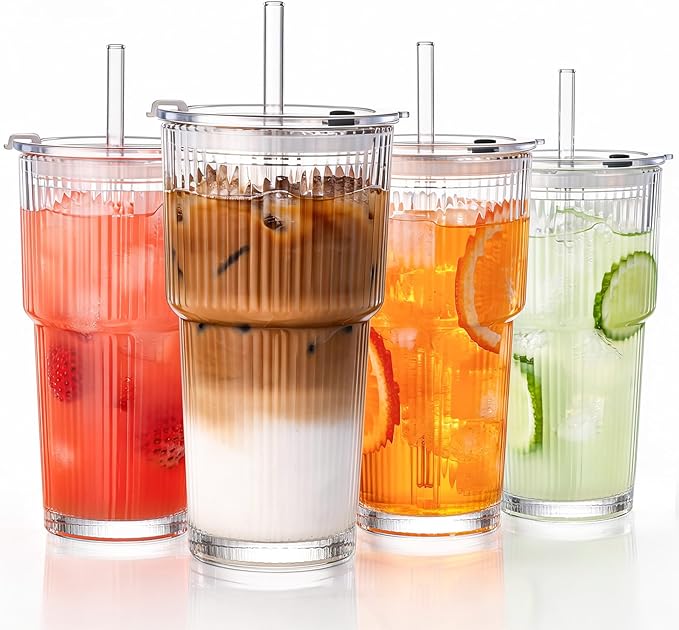 GOSCHE 20oz Glass Tumblers with Straws and Lids, Ribbed Iced Coffee Cups Leak-proof, Dishwasher Safe, Thickened Glass Cups with Lids Ideal for Coffee and Travel, Clear, 4 Pack