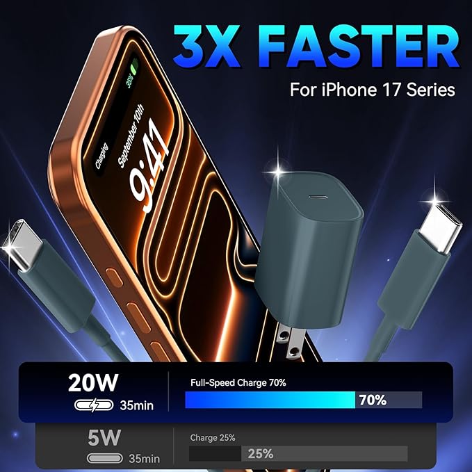 Phone 17 16 15 Pro Charger Fast Charging, 20W USB C Fast Charger Block with 10FT Long Type C Chargers Fast Charging Cable Cord for Phone 17/17 Pro/17 Pro Max/Air/16 Pro Max/16 Pro/15Pro Max/Pro, S24