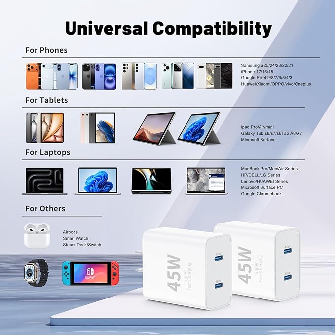 QZIIW iPhone 17 16 15 Pro Max Charger Fast Charging,45W Dual Port USB C Fast Charger Block [2-Pack] & Extra Long 60W 3/6/10/10FT USB C Cable - PD Quick Adapter 3.0 for iPhone 16 15 17/16 15 17 Pro.