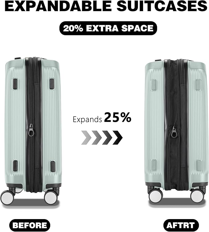 Luggage Sets 3 Piece, Lightweight Expandable PC Hardside Durable Suitcases with Spinner Wheels & TSA Lock, 20/24/28 Inch, Light Green