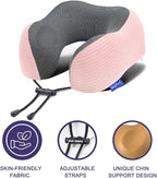 napfun Neck Pillow for Travel with Travel Pouch, Sleep Mask & Earplugs, Memory Foam Airplane Pillow for Headrest Sleep with Eyeshades, Plane Essentials with Eye Blindfold, Pink Striped Kit