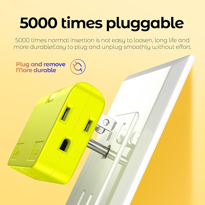 2 Pack Plug Splitter - 3 Prong Wall Adapter with 2 to 3 Prong Outlet Converter, Safe & Space-Saving Plug Extender, Yellow