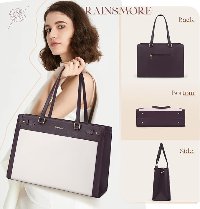 RAINSMORE Laptop Bag for Women 15.6 Inch PU Vegan Leather Work Tote Bag Waterproof Womens Briefcase Designer Computer Bags for Office Teacher College Travel Large Tote Purse Professional Green & Beige