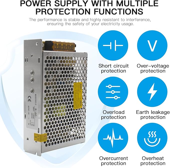 MK-SMPS-S60-12 MAKERELE DC 60W Switching Power Supply Adapter, AC 110V-220V to DC 12V Universal Regulated Transformer, Switching Converter Power Supply 5A for Strip 3D Printer CCTV Camera Motor Pump