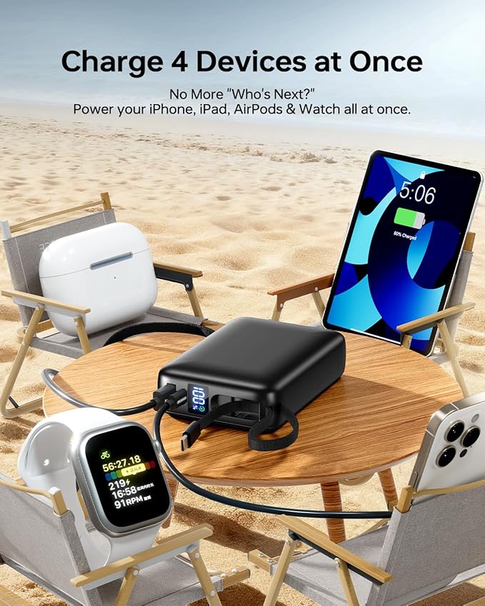 Portable Charger 50000mAh Power Bank,Portable Phone Charger with 2 Built in Cables,22.5W Fast Charging Travel Essentials Battery Pack for iPhone/iPad/MacBook/Android/Samsung
