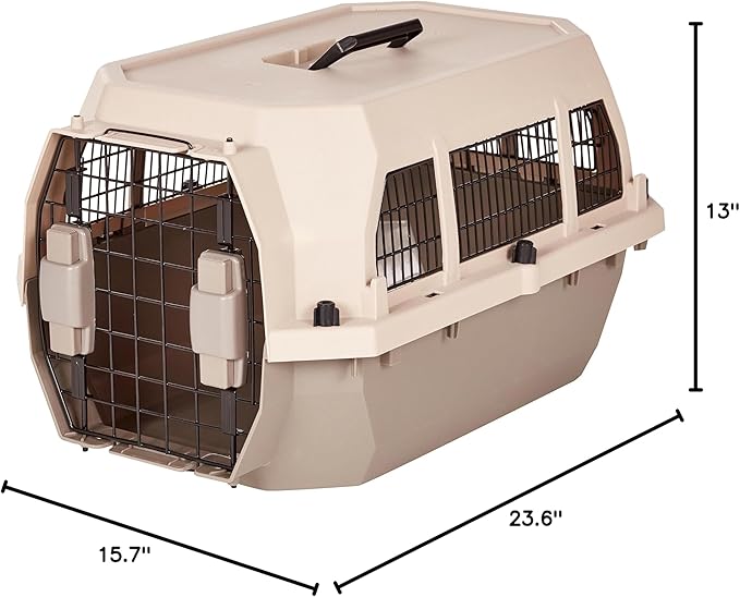 Amazon Basics Hard-Sided Dog and Cat Kennel, Single-Door Travel Pet Carrier with Metal Wire Ventilation, 23.6"L x 15.7"W x 13"H, Beige