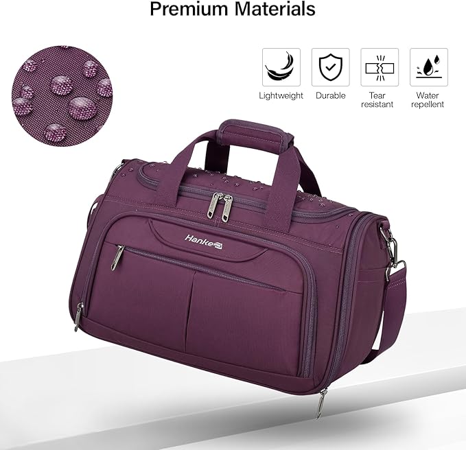 Hanke Large Capacity Travel Duffel Bag, Carry On Luggage with 12 Pockets, 17 Inch Laptop Compartment, Wet Dry Separation & Independent Shoe Bag, Lightweight Foldable Duffel Bag for Women Men（Purple）