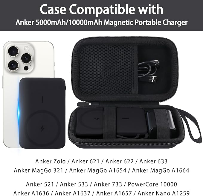 co2CREA Case for Anker Zolo Magnetic Power Bank Wireless Portable Charger, Hard Travel Case Compatible with Anker 5,000mAh / 10,000mAh Magsafe Battery Pack (Black Case)